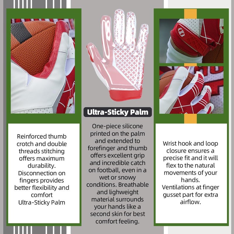 Seibertron Pro 3.0 Elite Ultra-Stick Sports Receiver Glove Football Gloves Youth and Adult (Red, M) - Image 3